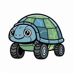 Cute cartoon robotic turtle on wheels with a circuit board shell, a mascot for innovation