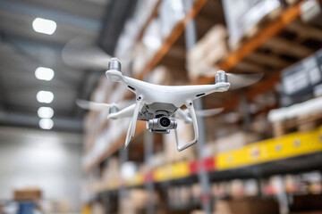 Drone flying inside warehouse for inventory management, modern automation technology, 