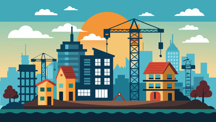 Obraz premium Modern city skyline under construction with cranes and buildings at sunset