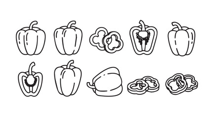 Collection of hand drawn bell peppers fresh vegetables in various stages of slicing and whole vector