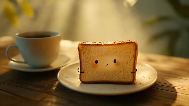 Cute Toasted Bread with Face and Coffee on Wooden Table.