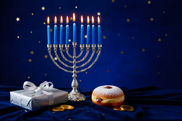 Hanukkah Menorah with Candles, Gifts, and Sufganiyah, Celebrating the Festival of Lights