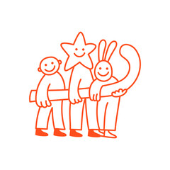 Vector illustration in simple hadn drawn style, in trendy playful whimsical quirky style, for Christmas and New Year prints, cards, banners, with funny and friendly mascot and character