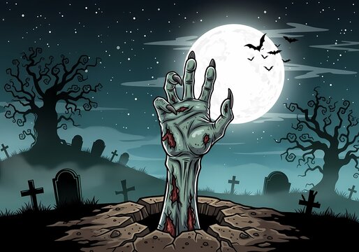 A cartoon illustration of a zombie hand emerging from a grave in a spooky graveyard scene at night