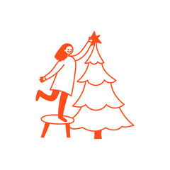 Vector illustration in simple hadn drawn style, in trendy playful whimsical quirky style, for Christmas and New Year prints, cards, banners, with funny and friendly mascot and character