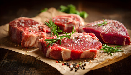 Variety of raw beef meat steaks for grilling with seasoning: Tomahawk steak, Ribeye, Ossobuco and T-bone steak, on a wooden brown background
