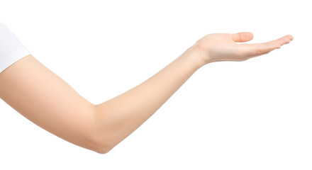 Isolated arm extended with open palm on a white background on transparent background