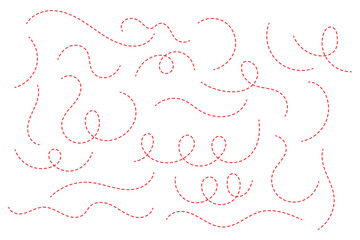 Hand drawn curve dotted line. Curly dotted line. Long dashed hand drawn squiggle. Dotted spiral curve line.