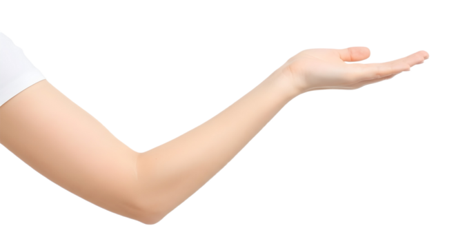 Isolated arm extended with open palm on a white background on transparent background