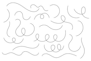 Hand drawn curve dotted line. Curly dotted line. Long dashed hand drawn squiggle. Dotted spiral curve line.