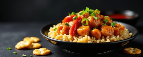 Szechuan chicken, fried rice, hot & sour soup, crackers Black background , aromatic, crispy