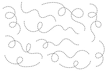 Hand drawn curve dotted line, Spiral dotted line hand drawn, Dotted lines path on white background. Path travel dotted line trip dashed trace destination track plan and silhouette, travelling symbol.