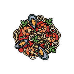 Delicious seafood pasta dish with shrimp mussels and parsley.