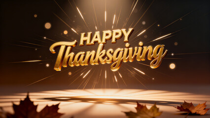The golden "Happy Thanksgiving" three-dimensional text, light spots, and autumn leaves represent the splendor and warmth of Thanksgiving, suitable for high-end holiday promotion scenes.
