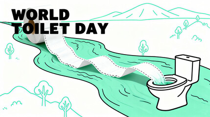 Toilet paper, toilets, and natural scenery, accompanied by the words "World Toilet Day", World Toilet Day's focus on sanitation facilities and the environment, and public welfare promotion scenes.