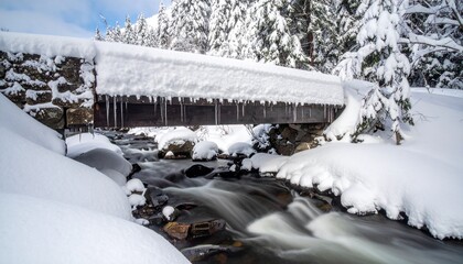 Discover the serene beauty of a snow-covered bridge and flowing stream amidst a tranquil winter forest, a captivating scene perfect for holiday themes and seasonal promotions