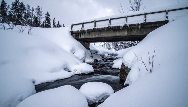 Serene winter landscape with snow covered bridge and flowing river, perfect for travel brochures and seasonal campaigns, offering peace and tranquility, evoking a sense of adventure and wonder