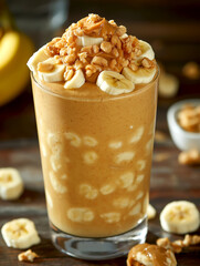 Peanut butter banana smoothie. Creamy smoothie topped with sliced bananas and crunchy granola, served in a clear glass, showcasing a delicious blend of flavors and textures for a refreshing treat