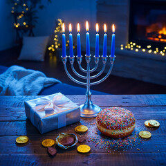 Menorah with Lit Candles Gift and Donut on a Wooden Table during Hanukkah