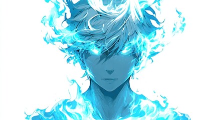 Anime-style portrait of a person with glowing blue eyes and hair engulfed in blue flames, against white