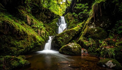 Naklejka premium Magical cascading waterfall flowing through lush green mossy rocks in serene forest, a peaceful nature scene perfect for travel inspiration and outdoor adventure promotions