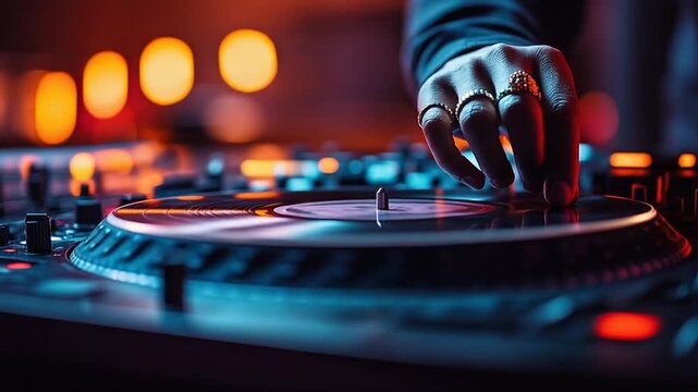 DJs Hand on Turntable Mixing Music at a Vibrant Nightclub Party.