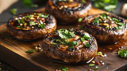 Appetizing fried porcini mushrooms on a wooden board, decorated with fresh herbs, spices and olive oil. The thick brown color of the mushrooms contrasts with bright accents of herbs