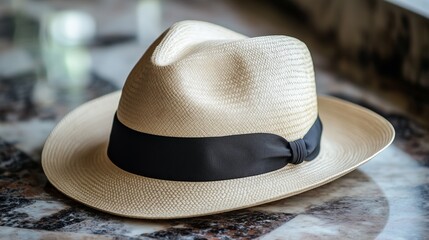 An elegant straw hat with a classic shape and a black ribbon lying on a marble surface. The texture of weaving and soft natural light emphasize the stylish design of the accessory