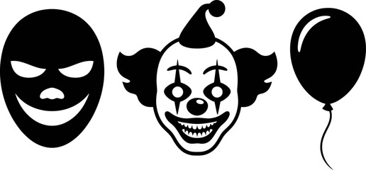 Sinister mask, scary clown face, and balloon create a chilling Halloween or horror concept.