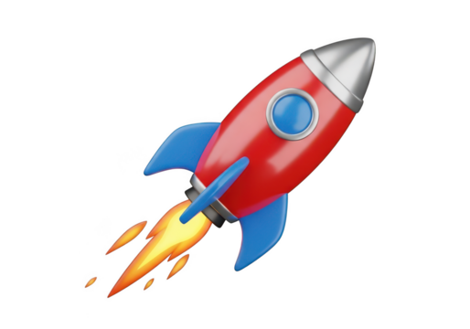 3d cartoon rocket ship blasting off isolated on transparent background