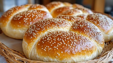 Fresh golden brown buns with sesame seeds, woven into the shape of pigtails, lie in a woven basket on a light background. Bread has a glossy crust that emphasizes softness and appetition