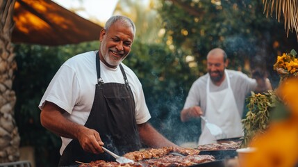 Two smiling men in the aprons prepare a grill in the open air, surrounded by smoke and herbs. In the foreground is barbecue on shampoos, and in the background