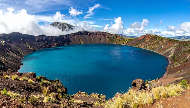 Explore the breathtaking beauty of Laguna de Hule, a stunning turquoise crater lake in Costa Rica, surrounded by lush volcanic landscapes and vibrant blue skies, perfect for adventure travel