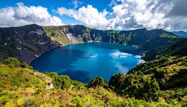 Discover the breathtaking beauty of Lagoa do Fogo, a stunning crater lake nestled in the lush green mountains under a sky full of clouds, perfect for travel inspiration and nature lovers