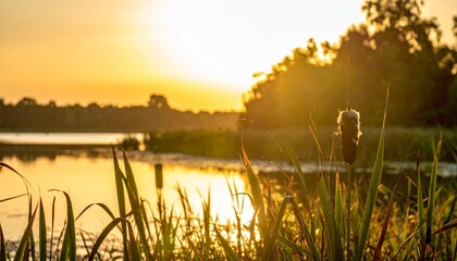 Golden hour bathes a serene lake in warm light with cattails in the foreground, showcasing nature's beauty and tranquility, perfect for promoting relaxation and environmental awareness