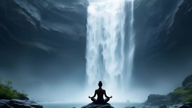 雄大な滝の前で瞑想し、心と体を癒す人物のシルエット.
