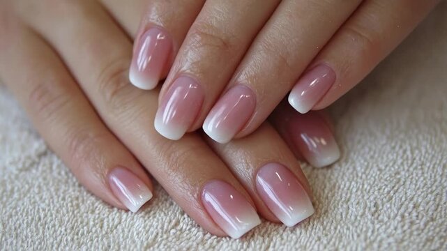 A pristine close-up shot captures well-groomed hands showcasing a beautiful gradient manicure, transitioning smoothly from a soft, natural pink to a clean, elegant white tip. The nails are perfectly s