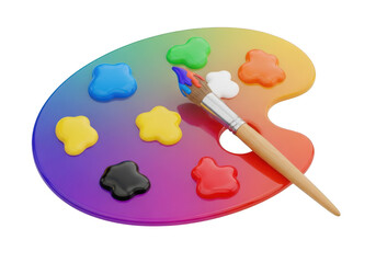 Artists paint palette with colorful blobs of paint and brush isolated on transparent background