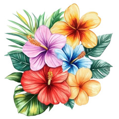 AI Image A vibrant assembly of stylized tropical flowers against an inky black backdrop of color
