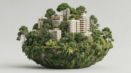 3D Illustration of Eco Planet Sphere with Lush Forest and Sustainable Buildings on White Background with Copy Space