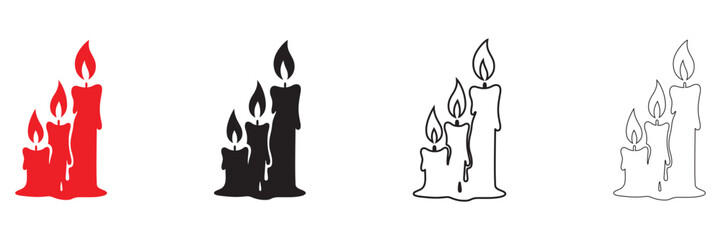 Candle vector icon set, candle with flame vector, silhouette and line art