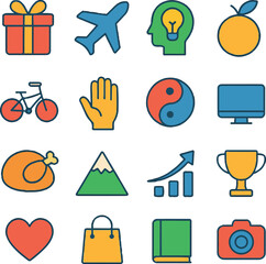 Bright and playful flat icons of celebration, travel, and communication. Perfect for party designs, apps, websites, and social media posts.