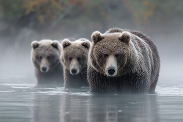 Fototapeta premium Grizzly Bear with Cubs Fishing for Salmon in Clear River Amid Morning Mist at Katmai National Park, Alaska