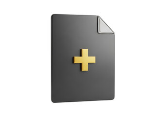 Obraz premium Dark gray document icon with gold plus sign isolated on transparent background