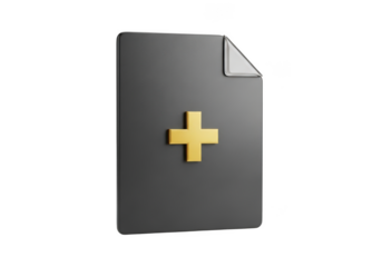 Dark gray document icon with gold plus sign isolated on transparent background