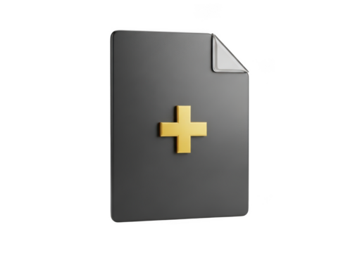 Dark gray document icon with gold plus sign isolated on transparent background - Powered by Adobe