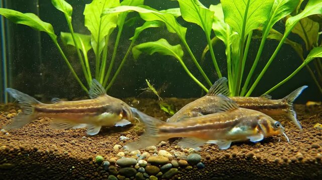 Three Corydoras Fish Swimming Amongst Aquarium Plants