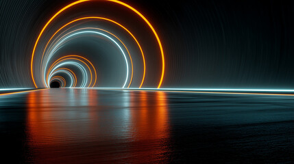 Futuristic Neon Tunnel with Glowing Light Trails and Abstract Tech-Inspired Depth Perspective