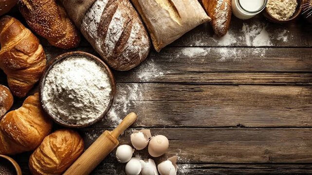 A rich and inviting overhead view showcases an exquisite assortment of freshly baked goods and essential baking ingredients artfully arranged on a rustic dark wooden table. Various types of artisan br