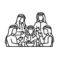 Group of people in traditional attire sharing a meal together.